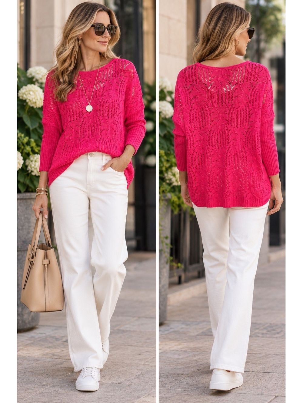 Fuchsia Pink Oversized Open Knit Sweater Drapey M/L Boho Pointelle